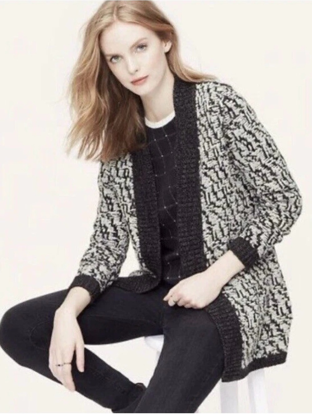 LOFT Black and Cream Open-Front Textured Cardigan